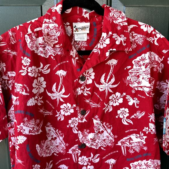 VINTAGE Disney World Men's S Trader Mick's Surf Gear Hawaiian Shirt in Red WDW - Picture 1 of 7